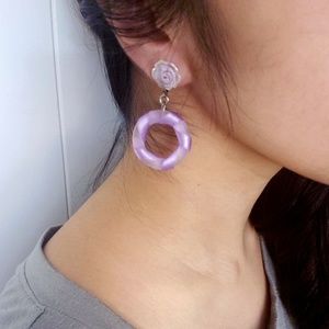 purple twisted ribbon rose hoop clip on earrings